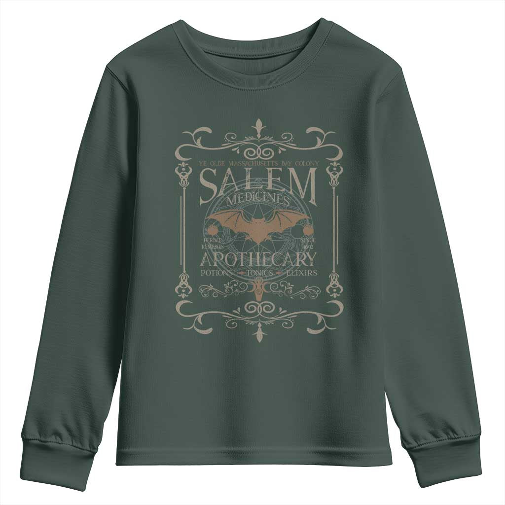 Halloween Salem Witch Youth Sweatshirt Salem Medicines Apothecary Potions Tonics Elixirs TS11 Dark Forest Green Print Your Wear