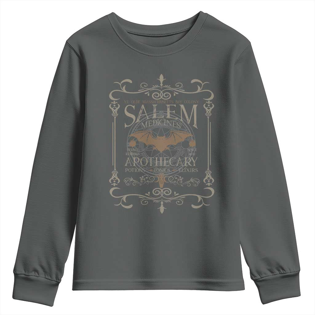 Halloween Salem Witch Youth Sweatshirt Salem Medicines Apothecary Potions Tonics Elixirs TS11 Dark Heather Print Your Wear