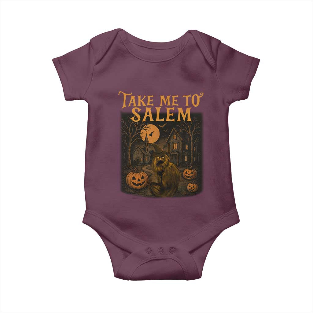 Take Me To Salem Baby Onesie Halloween Witch Salem Trip Black Cat Spooky Season TS11 Maroon Print Your Wear