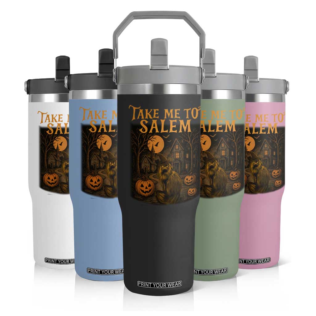 Take Me To Salem Flip Straw Tumbler Halloween Witch Salem Trip Black Cat Spooky Season TS11 Print Your Wear