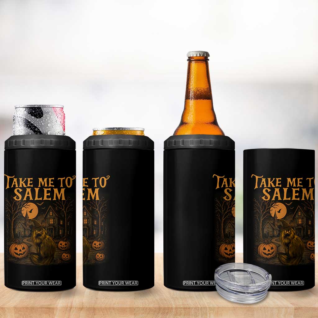 Take Me To Salem 4 in 1 Can Cooler Tumbler Halloween Witch Salem Trip Black Cat Spooky Season TS11 Print Your Wear