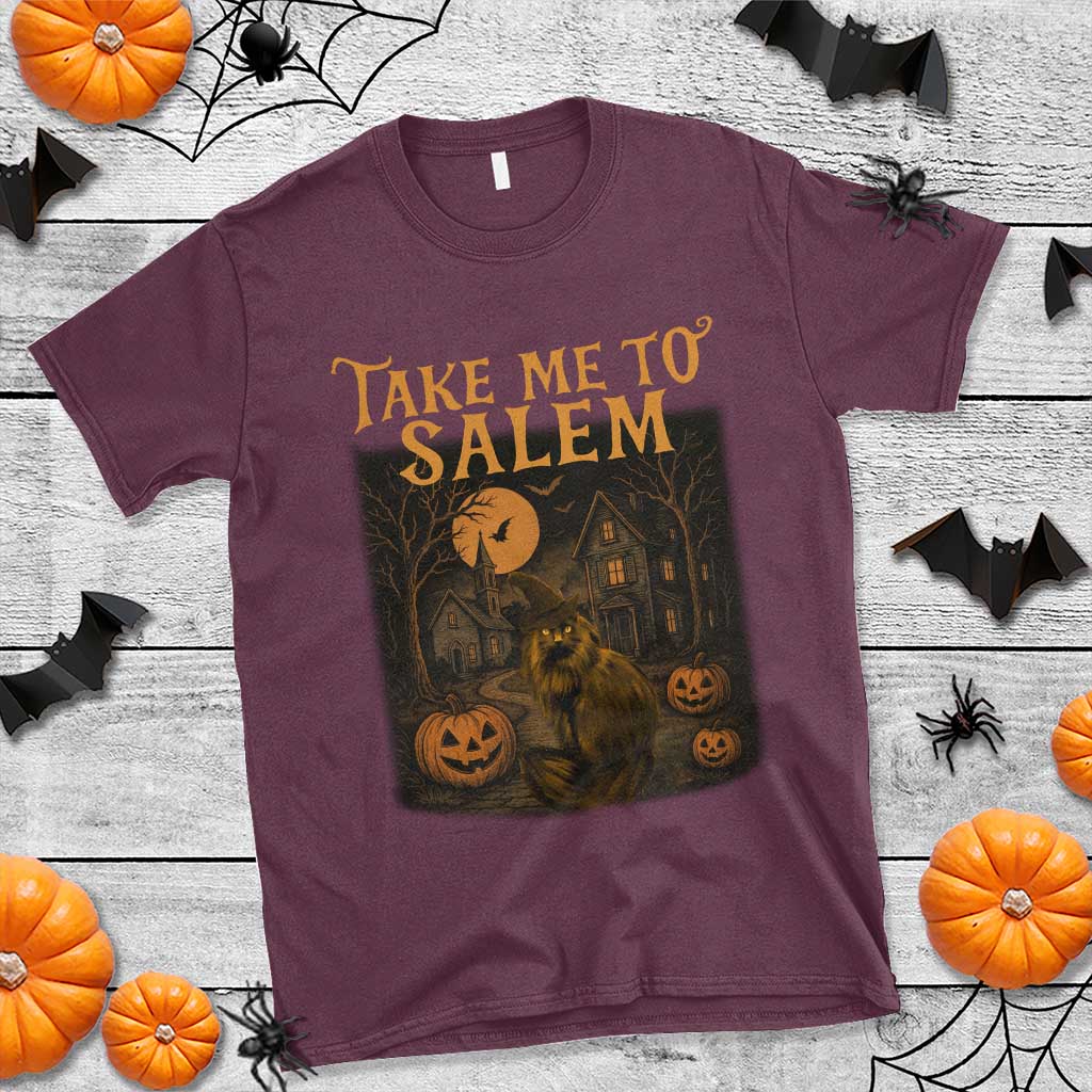 Take Me To Salem T Shirt Halloween Witch Salem Trip Black Cat Spooky Season TS11 Maroon Print Your Wear