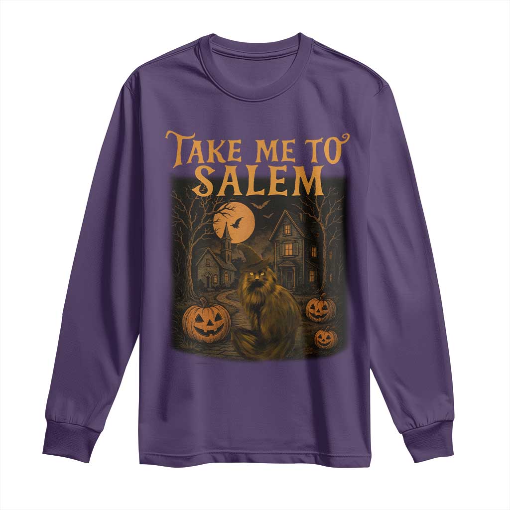 Take Me To Salem Long Sleeve Shirt Halloween Witch Salem Trip Black Cat Spooky Season TS11 Purple Print Your Wear