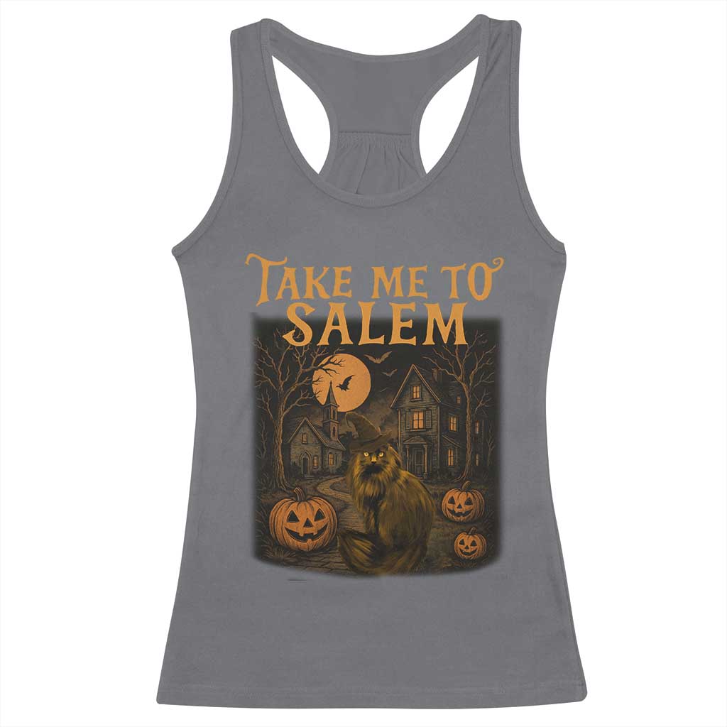 Take Me To Salem Racerback Tank Top Halloween Witch Salem Trip Black Cat Spooky Season TS11 Charcoal Print Your Wear