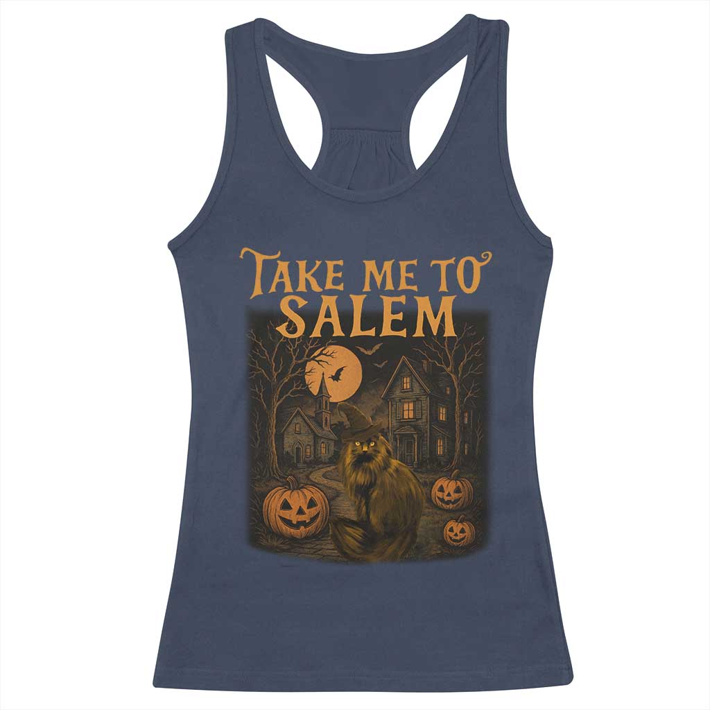 Take Me To Salem Racerback Tank Top Halloween Witch Salem Trip Black Cat Spooky Season TS11 Navy Print Your Wear