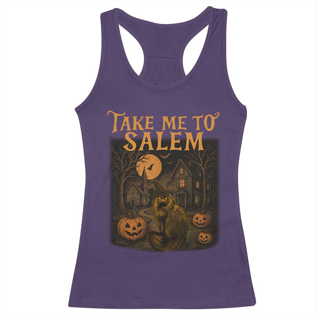 Take Me To Salem Racerback Tank Top Halloween Witch Salem Trip Black Cat Spooky Season TS11 Purple Print Your Wear