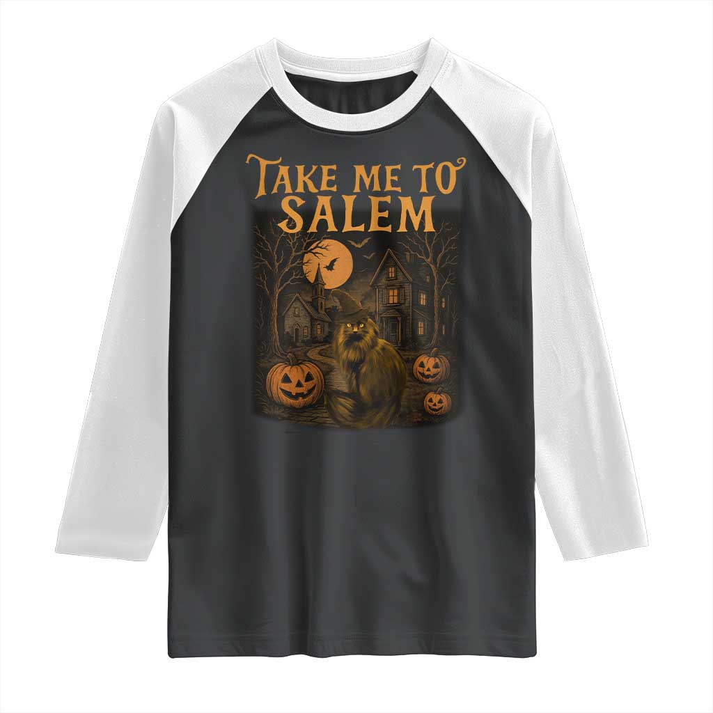Take Me To Salem Raglan Shirt Halloween Witch Salem Trip Black Cat Spooky Season TS11 Black White Print Your Wear