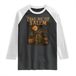 Take Me To Salem Raglan Shirt Halloween Witch Salem Trip Black Cat Spooky Season TS11 Black White Print Your Wear