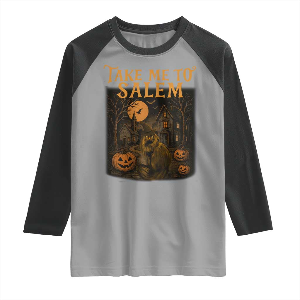 Take Me To Salem Raglan Shirt Halloween Witch Salem Trip Black Cat Spooky Season TS11 Sport Gray Black Print Your Wear