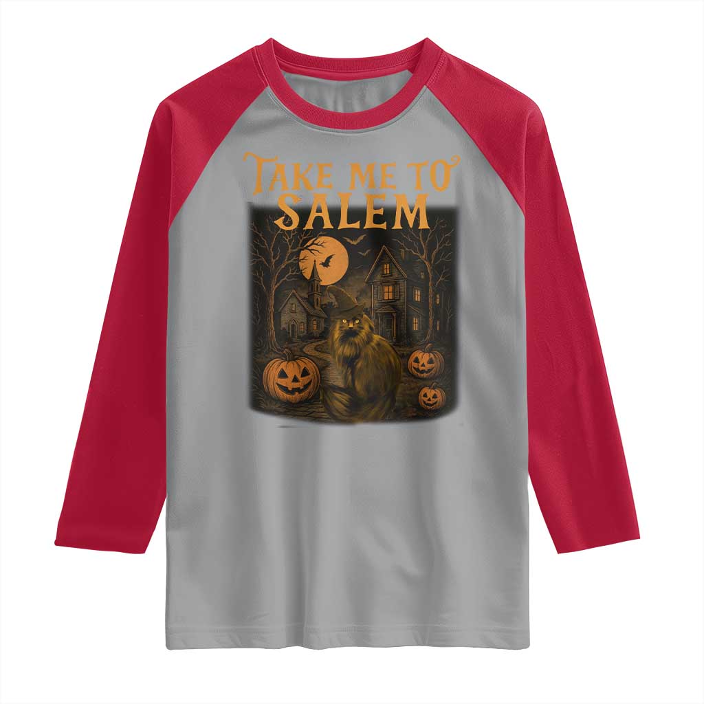Take Me To Salem Raglan Shirt Halloween Witch Salem Trip Black Cat Spooky Season TS11 Sport Gray Red Print Your Wear