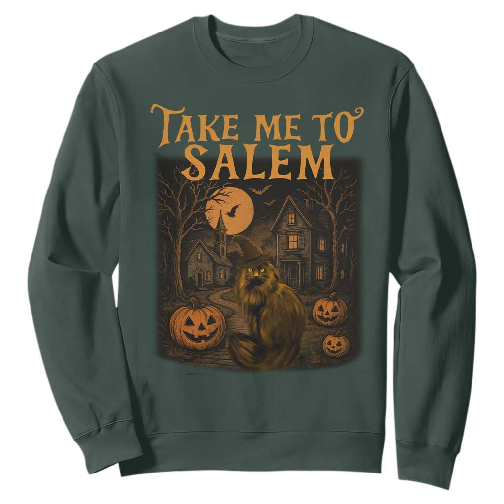 Take Me To Salem Sweatshirt Halloween Witch Salem Trip Black Cat Spooky Season TS11 Dark Forest Green Print Your Wear