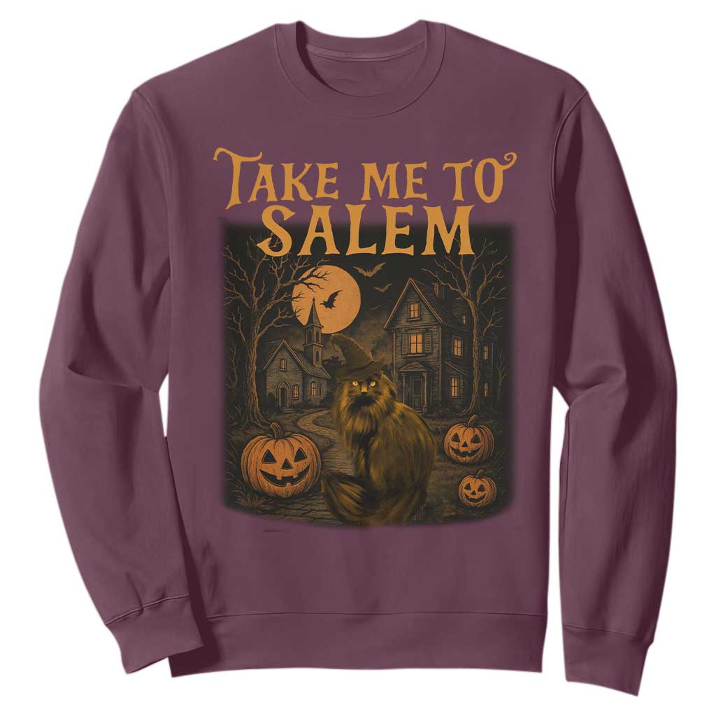 Take Me To Salem Sweatshirt Halloween Witch Salem Trip Black Cat Spooky Season TS11 Maroon Print Your Wear