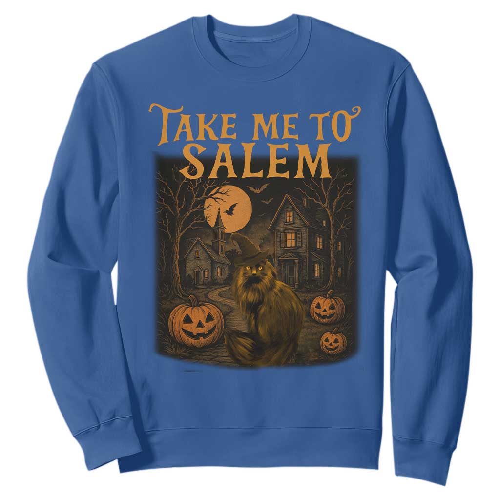 Take Me To Salem Sweatshirt Halloween Witch Salem Trip Black Cat Spooky Season TS11 Royal Blue Print Your Wear