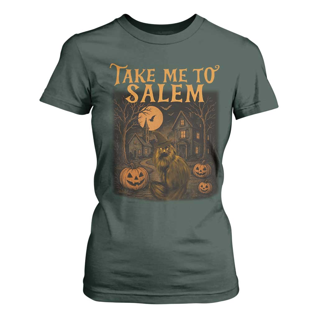 Take Me To Salem T Shirt For Women Halloween Witch Salem Trip Black Cat Spooky Season TS11 Dark Forest Green Print Your Wear