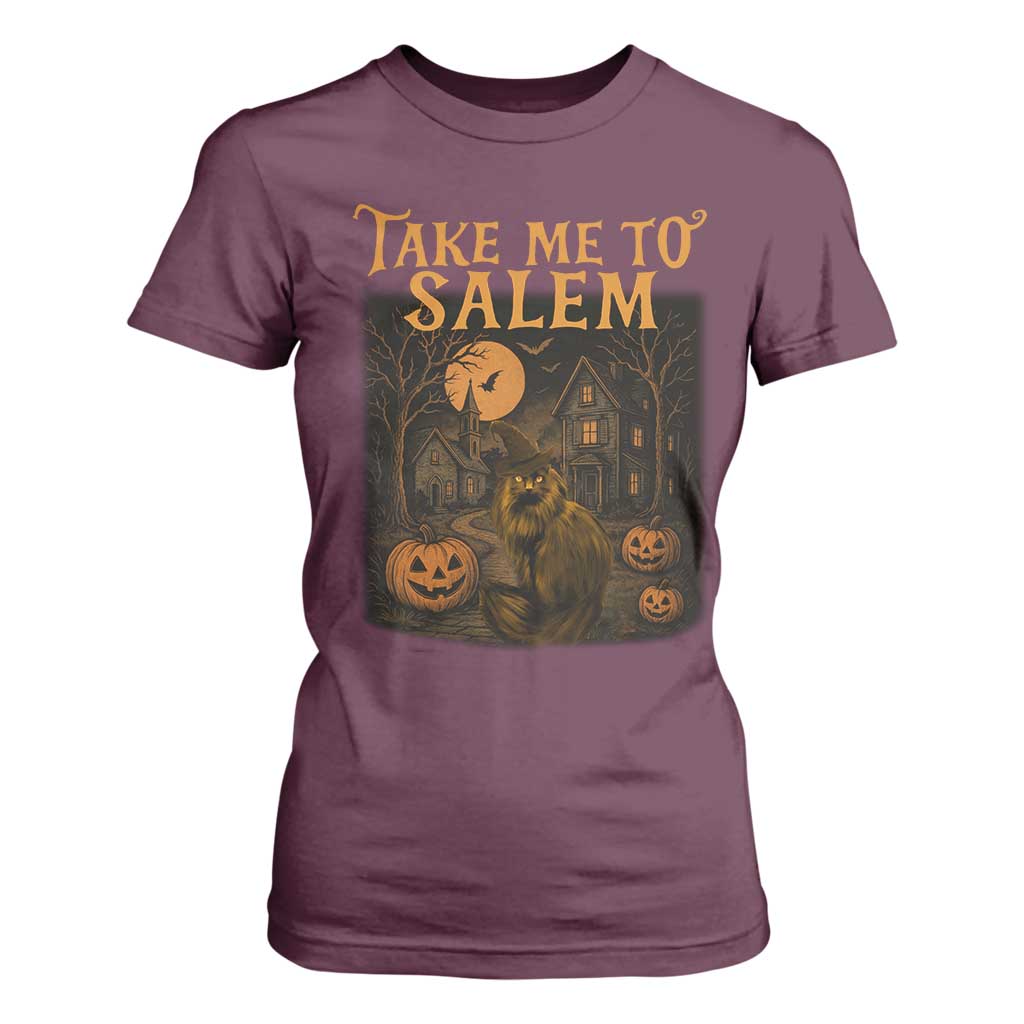Take Me To Salem T Shirt For Women Halloween Witch Salem Trip Black Cat Spooky Season TS11 Maroon Print Your Wear