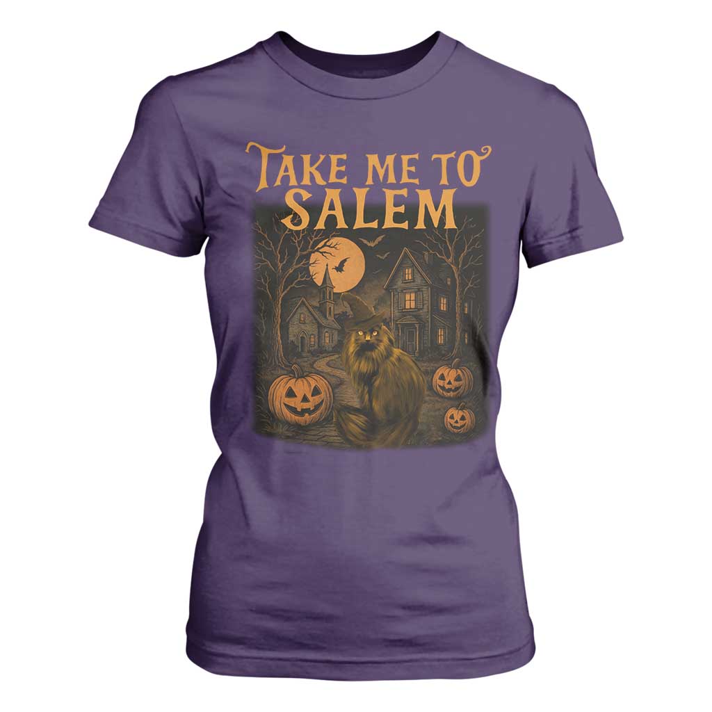 Take Me To Salem T Shirt For Women Halloween Witch Salem Trip Black Cat Spooky Season TS11 Purple Print Your Wear