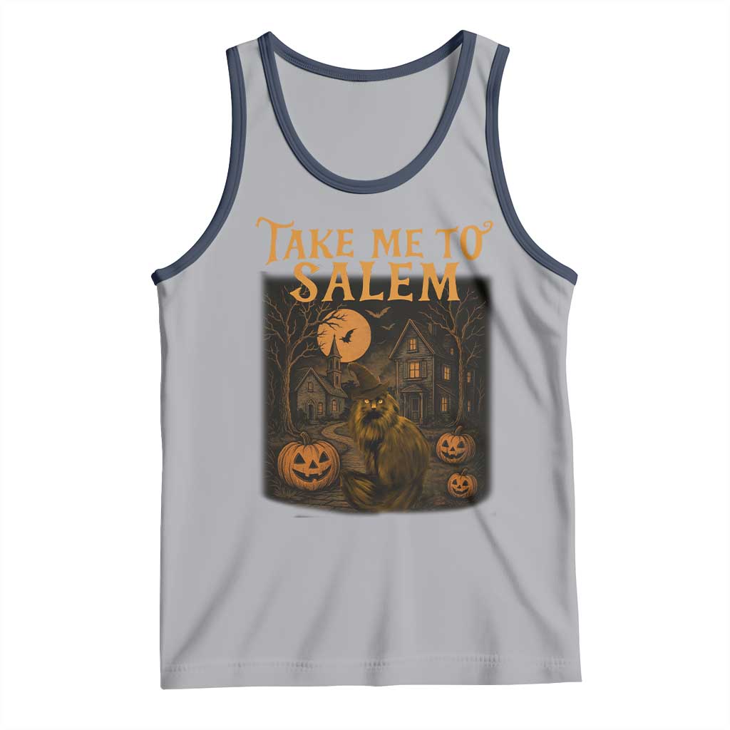 Take Me To Salem Tank Top Halloween Witch Salem Trip Black Cat Spooky Season TS11 Athletic Heather Navy Print Your Wear