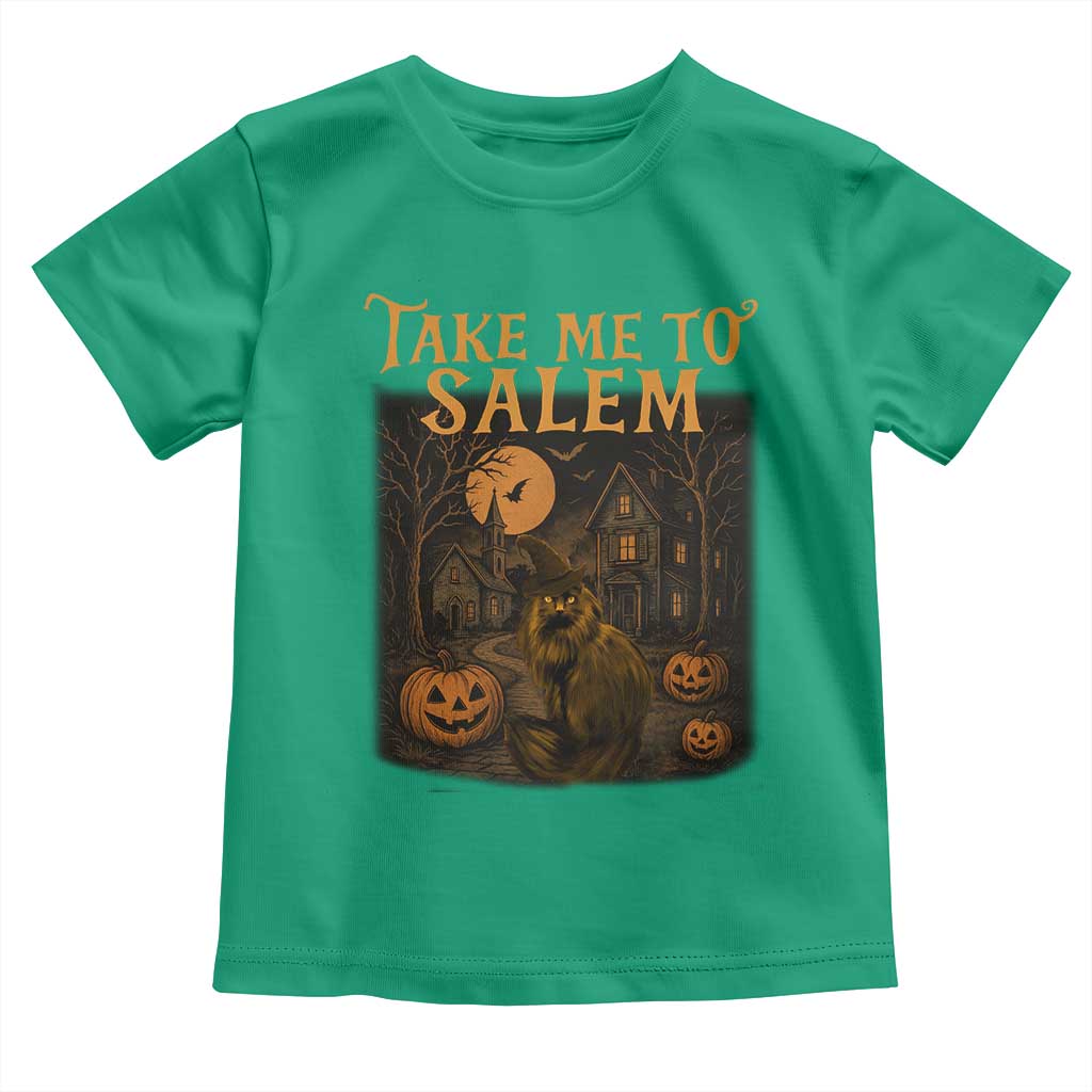 Take Me To Salem Toddler T Shirt Halloween Witch Salem Trip Black Cat Spooky Season TS11 Irish Green Print Your Wear