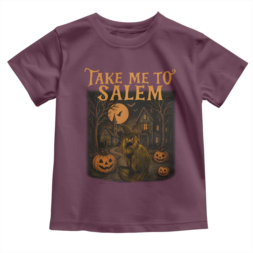 Take Me To Salem Toddler T Shirt Halloween Witch Salem Trip Black Cat Spooky Season TS11 Maroon Print Your Wear