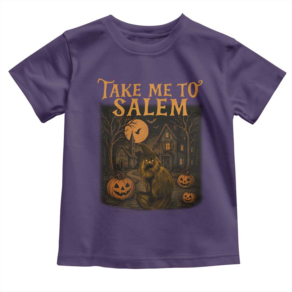 Take Me To Salem Toddler T Shirt Halloween Witch Salem Trip Black Cat Spooky Season TS11 Purple Print Your Wear