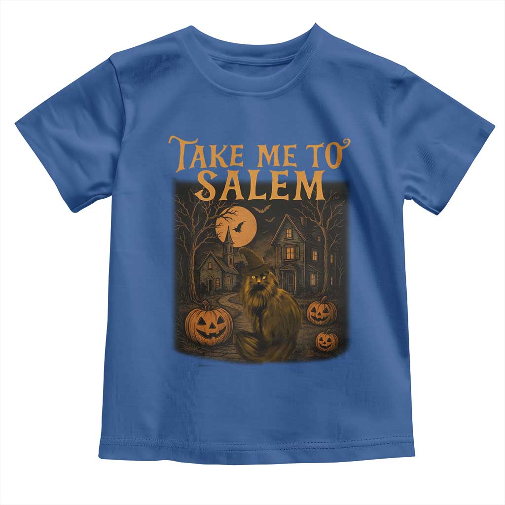 Take Me To Salem Toddler T Shirt Halloween Witch Salem Trip Black Cat Spooky Season TS11 Royal Blue Print Your Wear