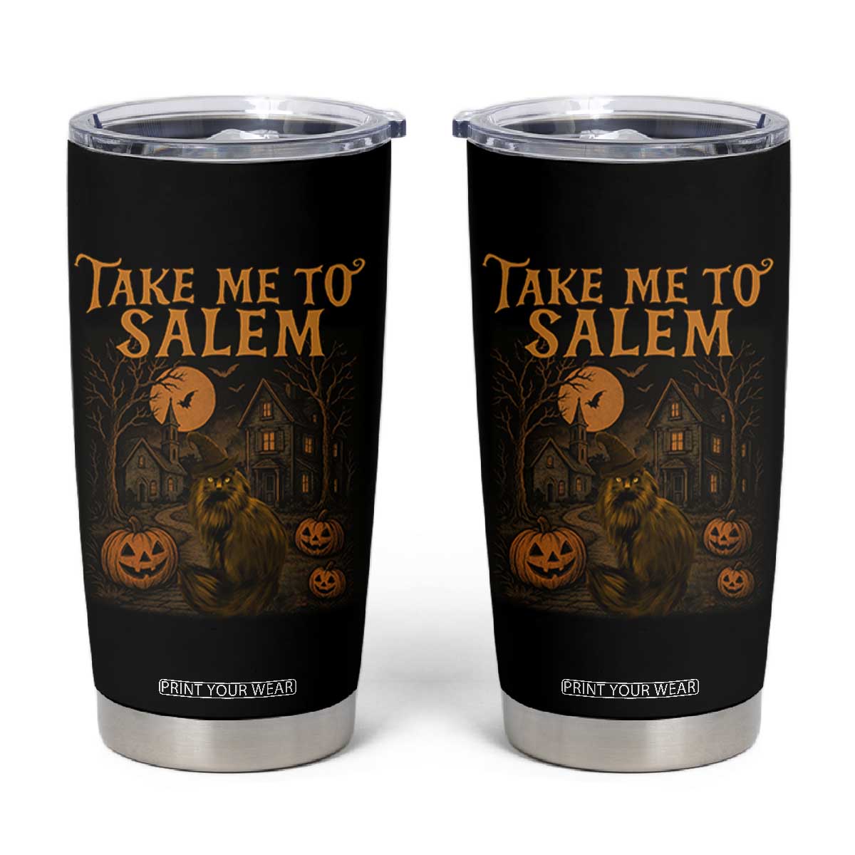 Take Me To Salem Tumbler Cup Halloween Witch Salem Trip Black Cat Spooky Season TS11 Black Print Your Wear