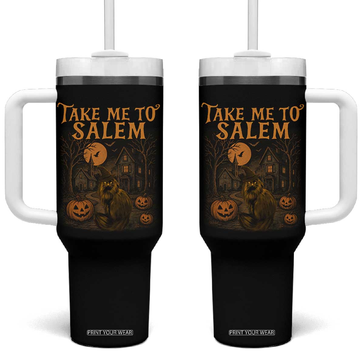 Take Me To Salem Tumbler With Handle Halloween Witch Salem Trip Black Cat Spooky Season TS11 One Size: 40 oz Black Print Your Wear