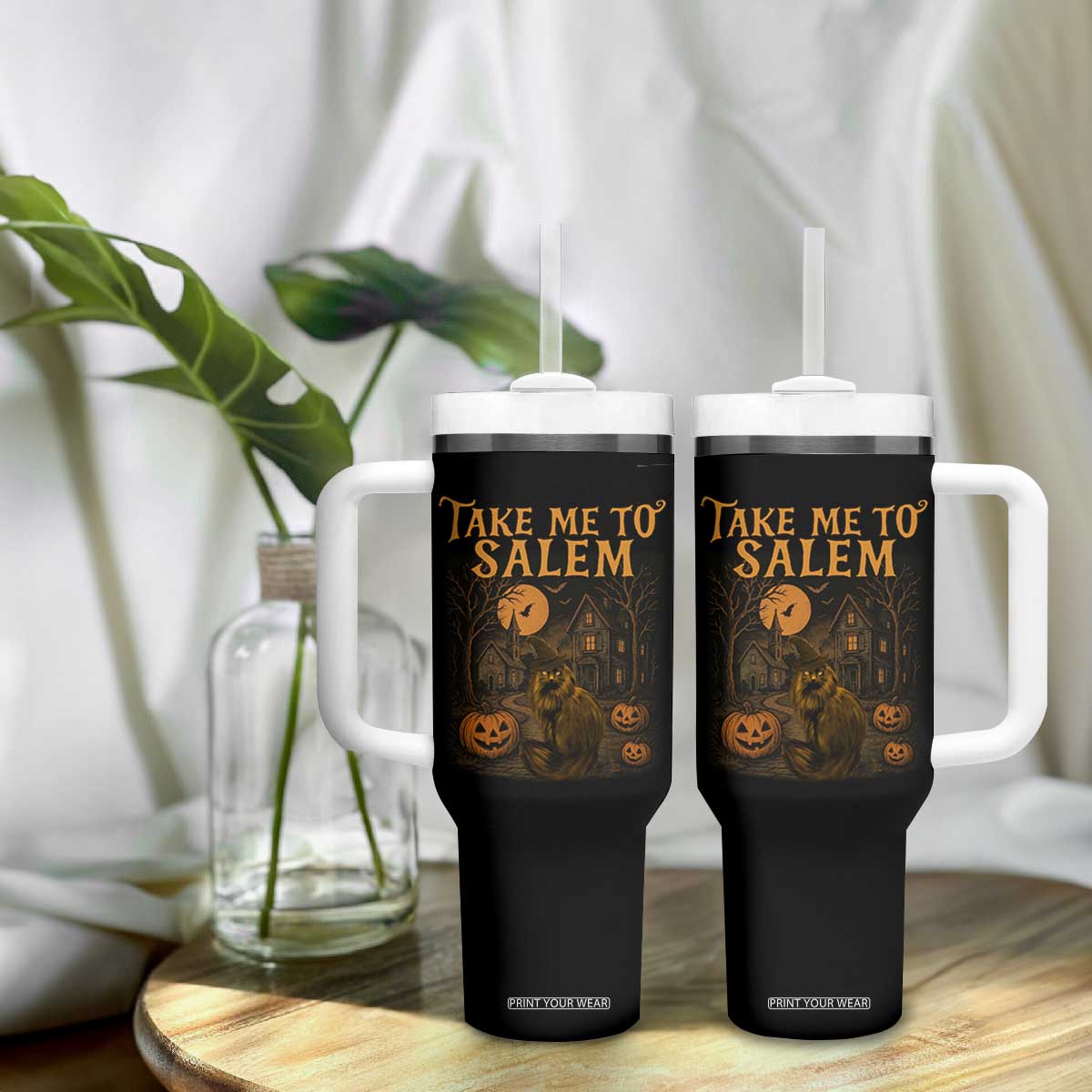 Take Me To Salem Tumbler With Handle Halloween Witch Salem Trip Black Cat Spooky Season TS11 Print Your Wear