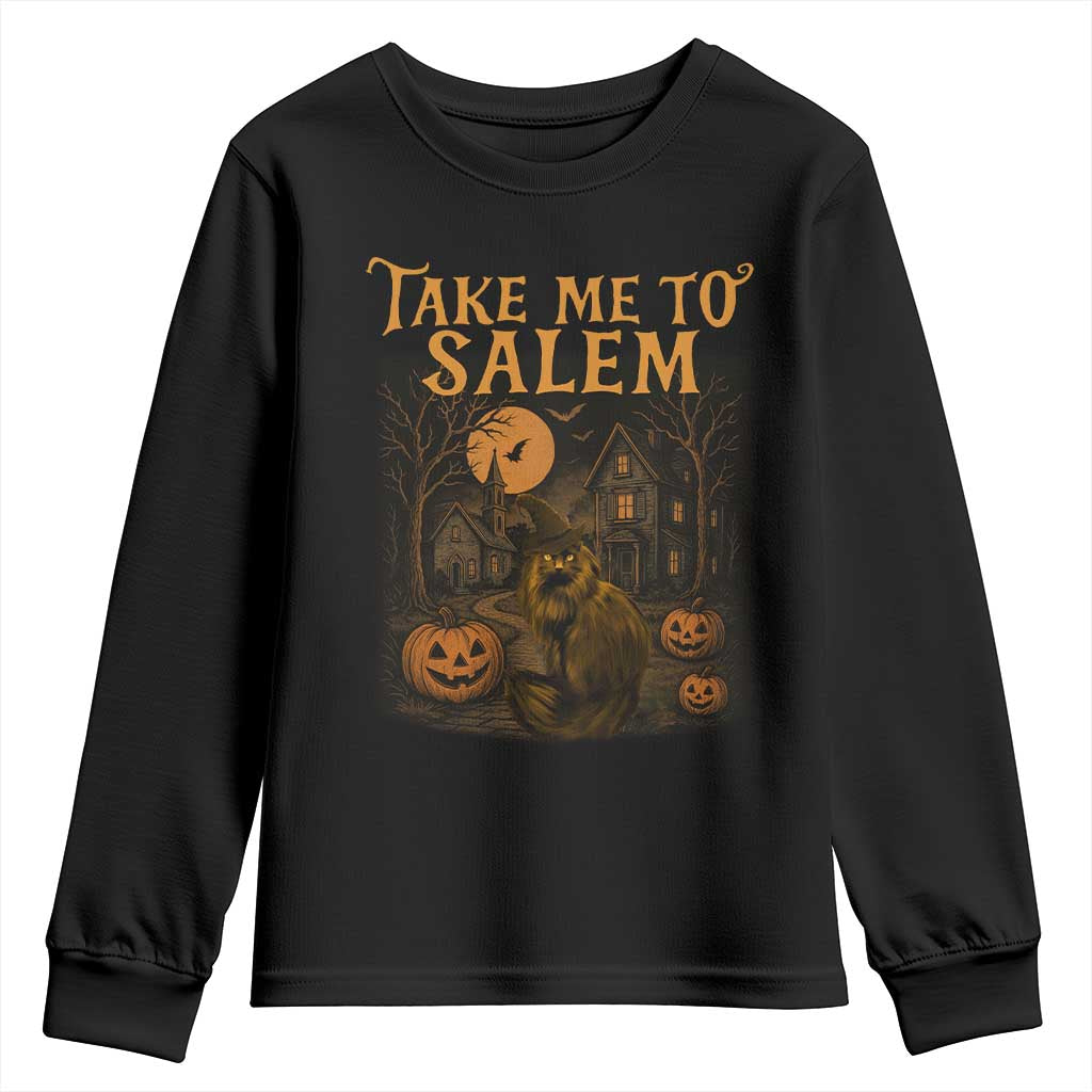 Take Me To Salem Youth Sweatshirt Halloween Witch Salem Trip Black Cat Spooky Season TS11 Black Print Your Wear