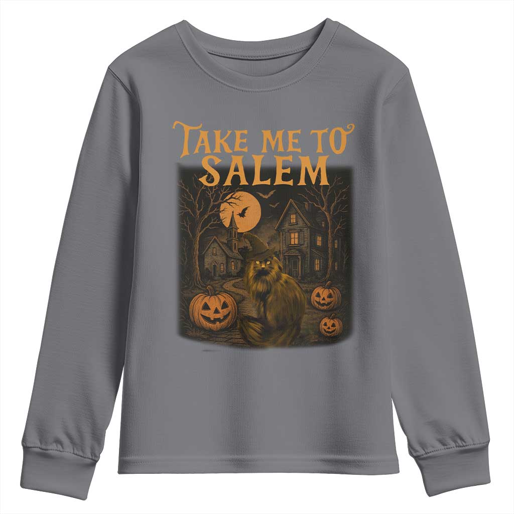 Take Me To Salem Youth Sweatshirt Halloween Witch Salem Trip Black Cat Spooky Season TS11 Charcoal Print Your Wear