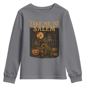 Take Me To Salem Youth Sweatshirt Halloween Witch Salem Trip Black Cat Spooky Season TS11 Charcoal Print Your Wear