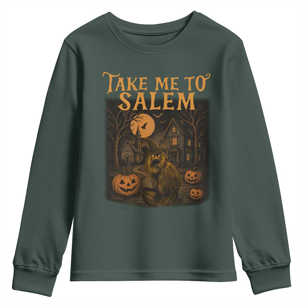 Take Me To Salem Youth Sweatshirt Halloween Witch Salem Trip Black Cat Spooky Season TS11 Dark Forest Green Print Your Wear