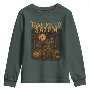 Take Me To Salem Youth Sweatshirt Halloween Witch Salem Trip Black Cat Spooky Season TS11 Dark Forest Green Print Your Wear