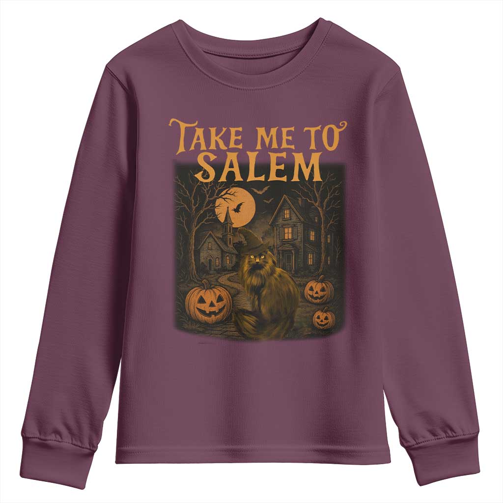 Take Me To Salem Youth Sweatshirt Halloween Witch Salem Trip Black Cat Spooky Season TS11 Maroon Print Your Wear