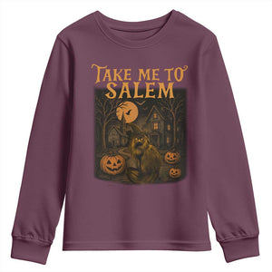 Take Me To Salem Youth Sweatshirt Halloween Witch Salem Trip Black Cat Spooky Season TS11 Maroon Print Your Wear