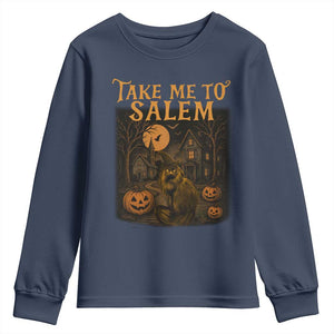 Take Me To Salem Youth Sweatshirt Halloween Witch Salem Trip Black Cat Spooky Season TS11 Navy Print Your Wear