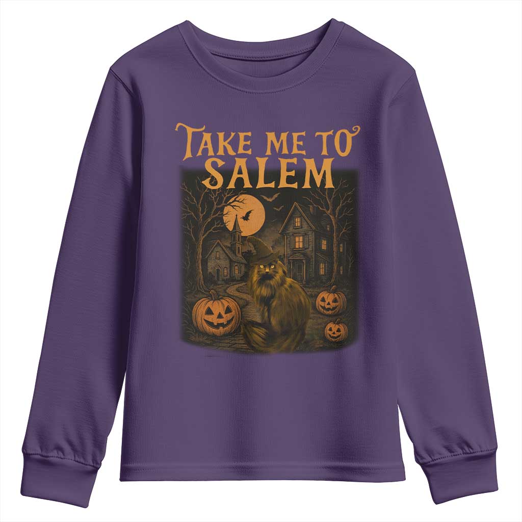 Take Me To Salem Youth Sweatshirt Halloween Witch Salem Trip Black Cat Spooky Season TS11 Purple Print Your Wear