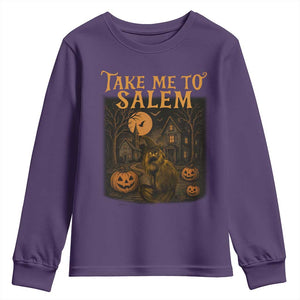 Take Me To Salem Youth Sweatshirt Halloween Witch Salem Trip Black Cat Spooky Season TS11 Purple Print Your Wear