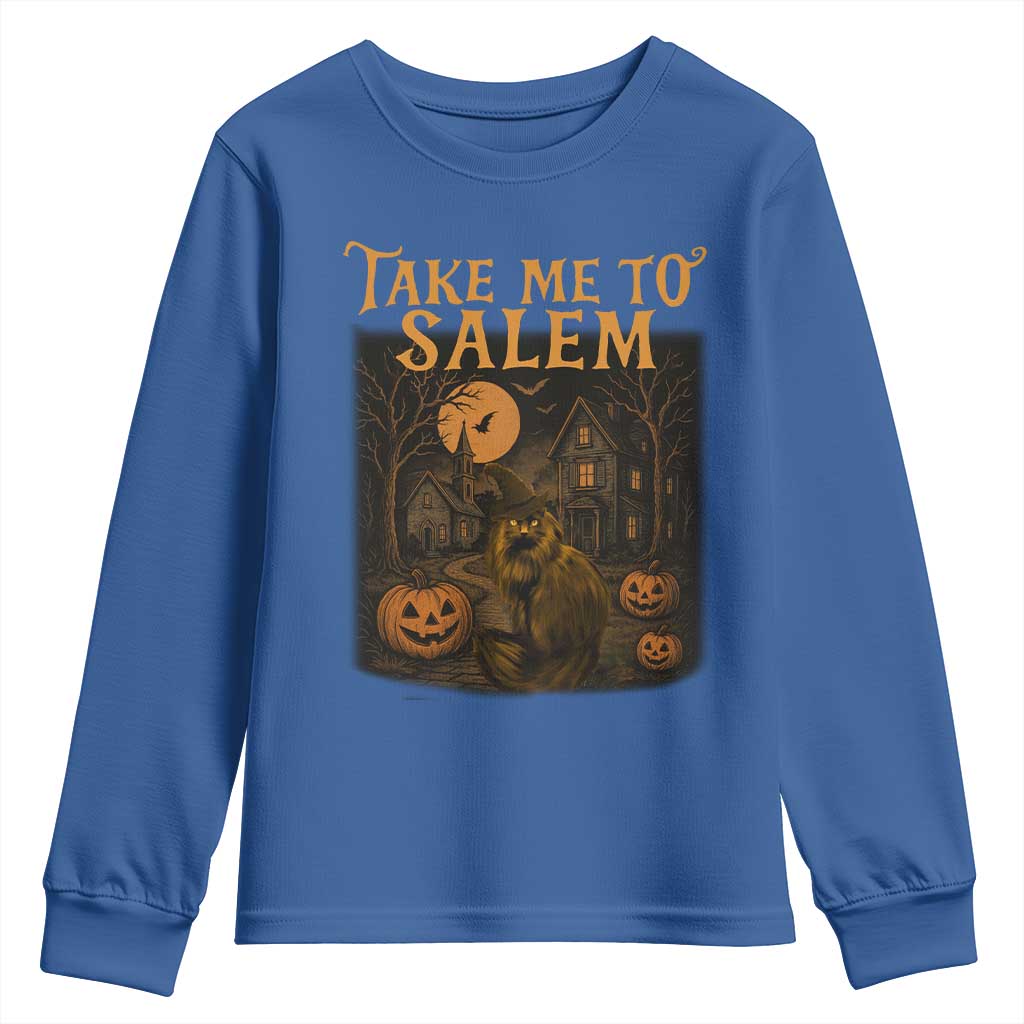 Take Me To Salem Youth Sweatshirt Halloween Witch Salem Trip Black Cat Spooky Season TS11 Royal Blue Print Your Wear