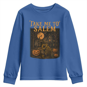 Take Me To Salem Youth Sweatshirt Halloween Witch Salem Trip Black Cat Spooky Season TS11 Royal Blue Print Your Wear
