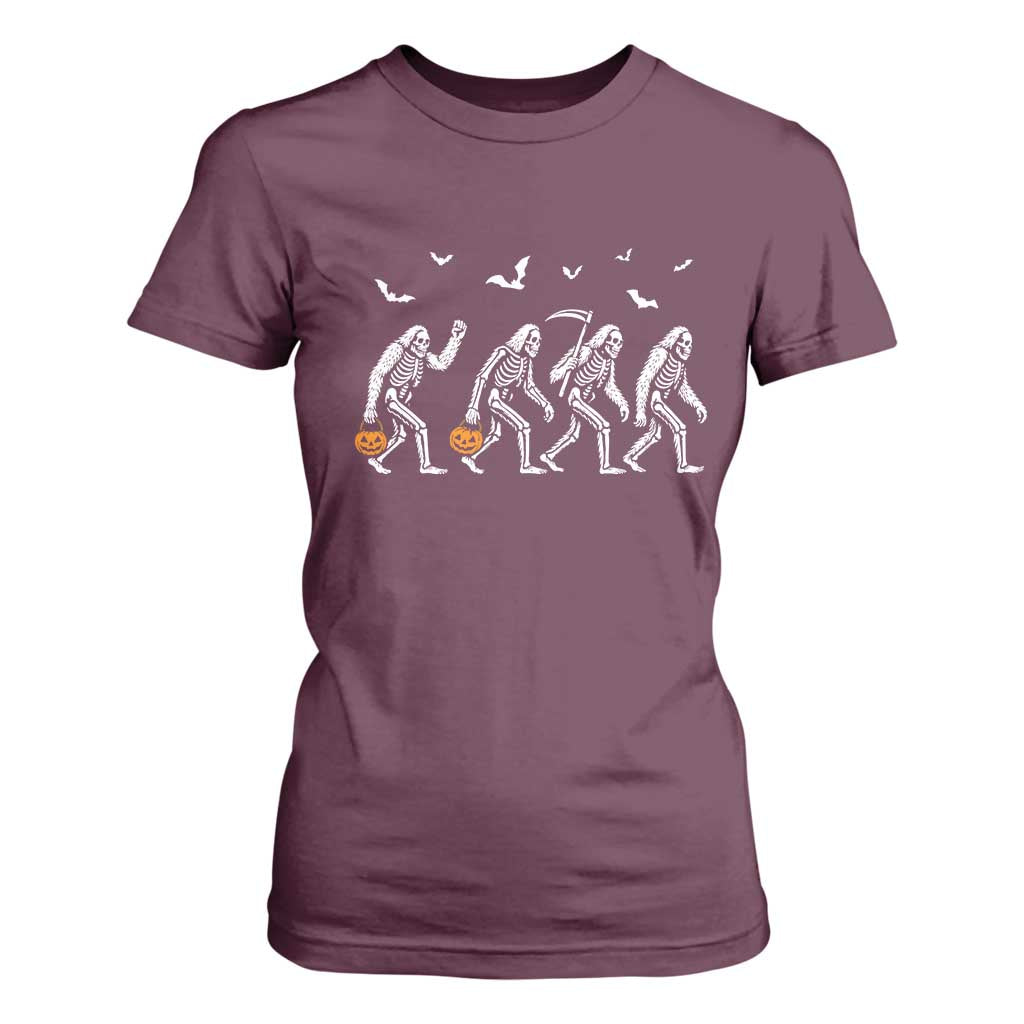Funny Halloween Bigfoot T Shirt For Women Skeleton Sasquatch Jack O Lantern TS11 Maroon Print Your Wear