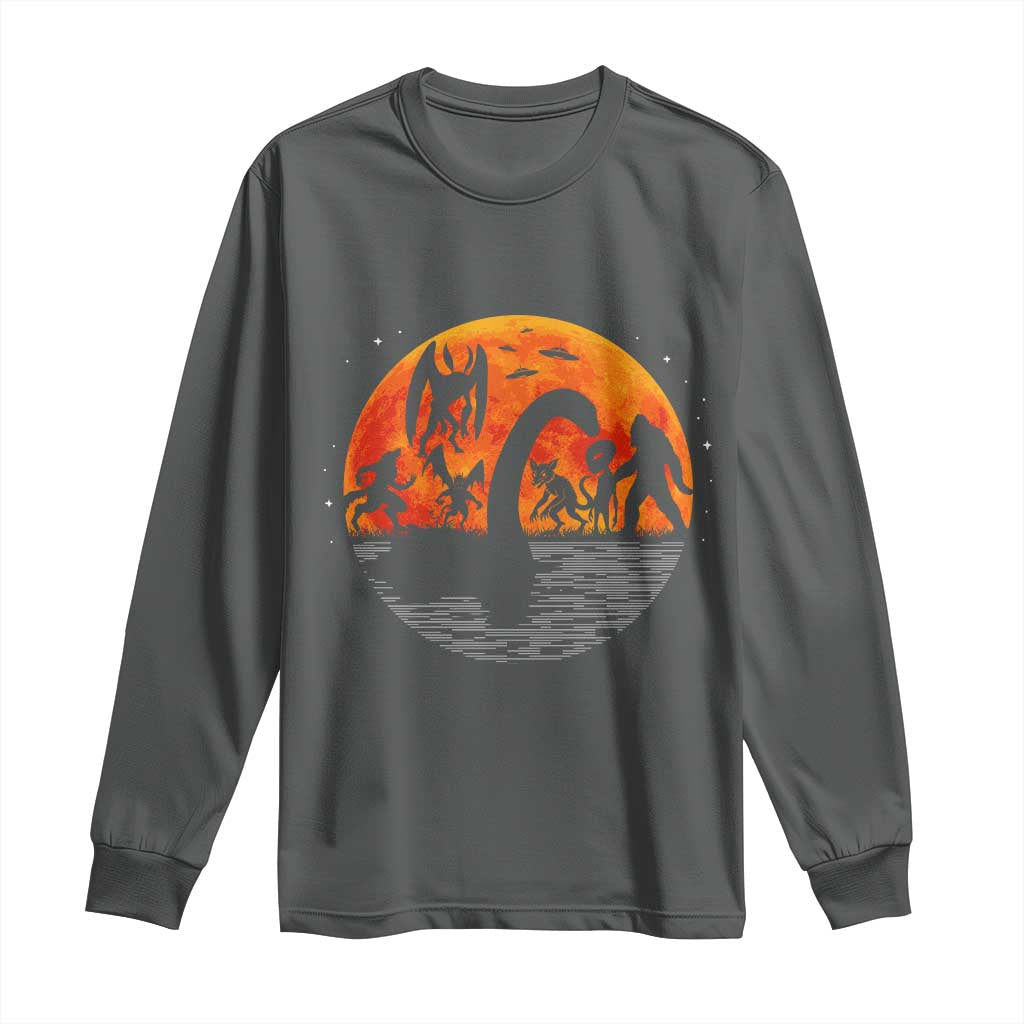 Funny Halloween Cryptid Folklore Bigfoot Alien Mothman Long Sleeve Shirt TS11 Dark Heather Print Your Wear