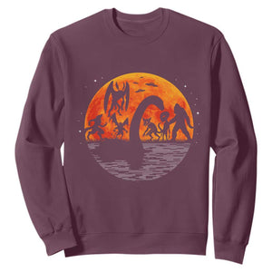 Funny Halloween Cryptid Folklore Bigfoot Alien Mothman Sweatshirt TS11 Maroon Print Your Wear