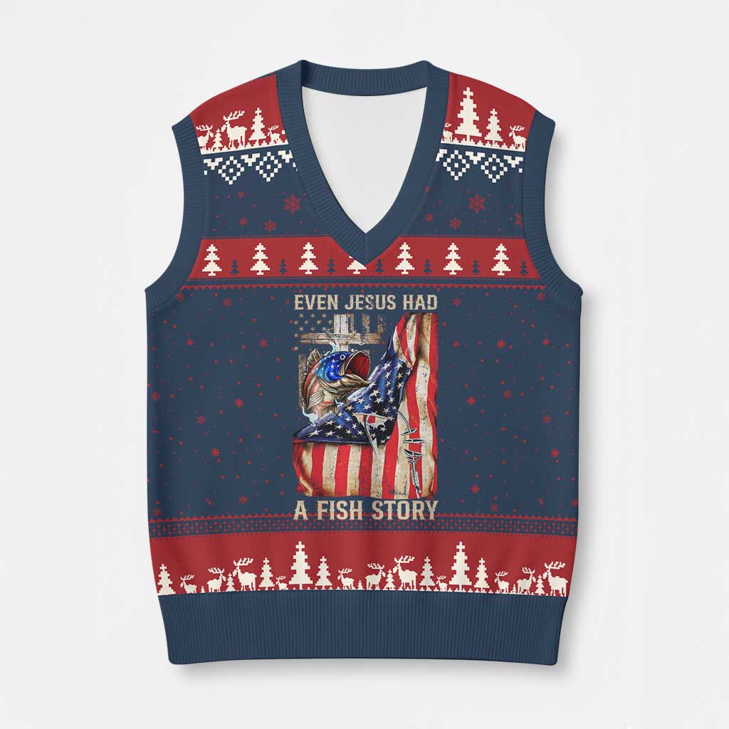 Funny Even Jesus Had A Fish Story V-Neck Knit Sweater Vest Fisherman Christian Fishing TS11 Navy Red Print Your Wear
