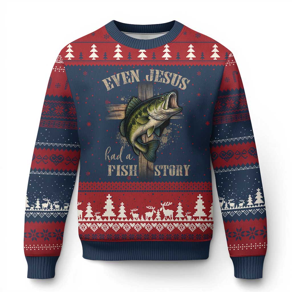 Even Jesus Had A Fish Story Ugly Christmas Sweater Funny Fishermen Christian Cross TS11 Navy Red Print Your Wear