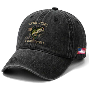 Even Jesus Had A Fish Story Washed Cotton Baseball Cap Funny Fishermen Christian Cross TS11 Print Your Wear