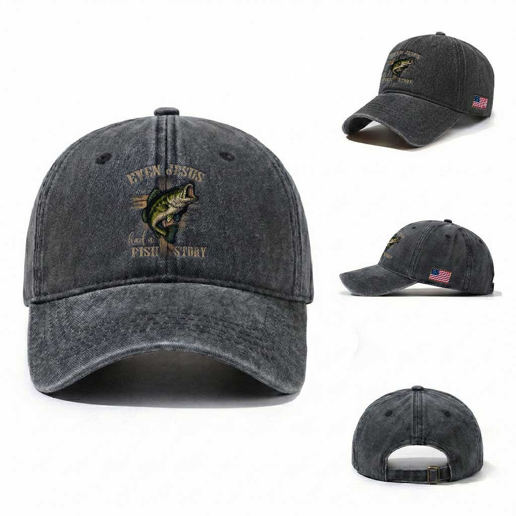 Even Jesus Had A Fish Story Washed Cotton Baseball Cap Funny Fishermen Christian Cross TS11 Washed Cap Universal Fit Dark Gray Print Your Wear