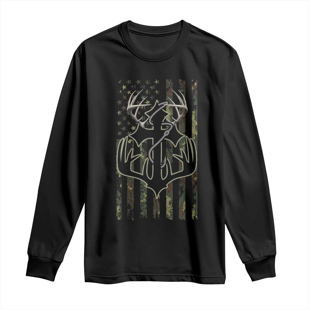 Faith Fishing Hunting Camo US Flag Cross With Hook Christian Long Sleeve Shirt TS11 Black Print Your Wear