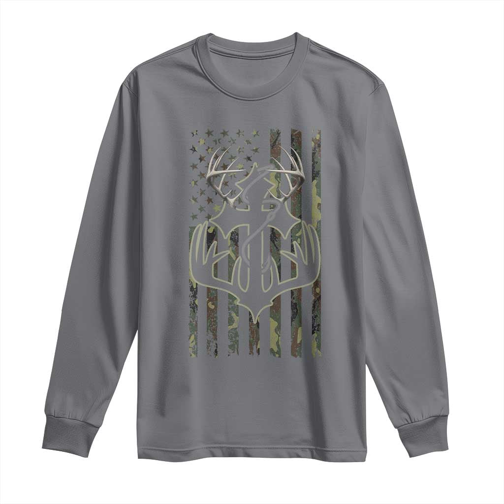 Faith Fishing Hunting Camo US Flag Cross With Hook Christian Long Sleeve Shirt TS11 Charcoal Print Your Wear