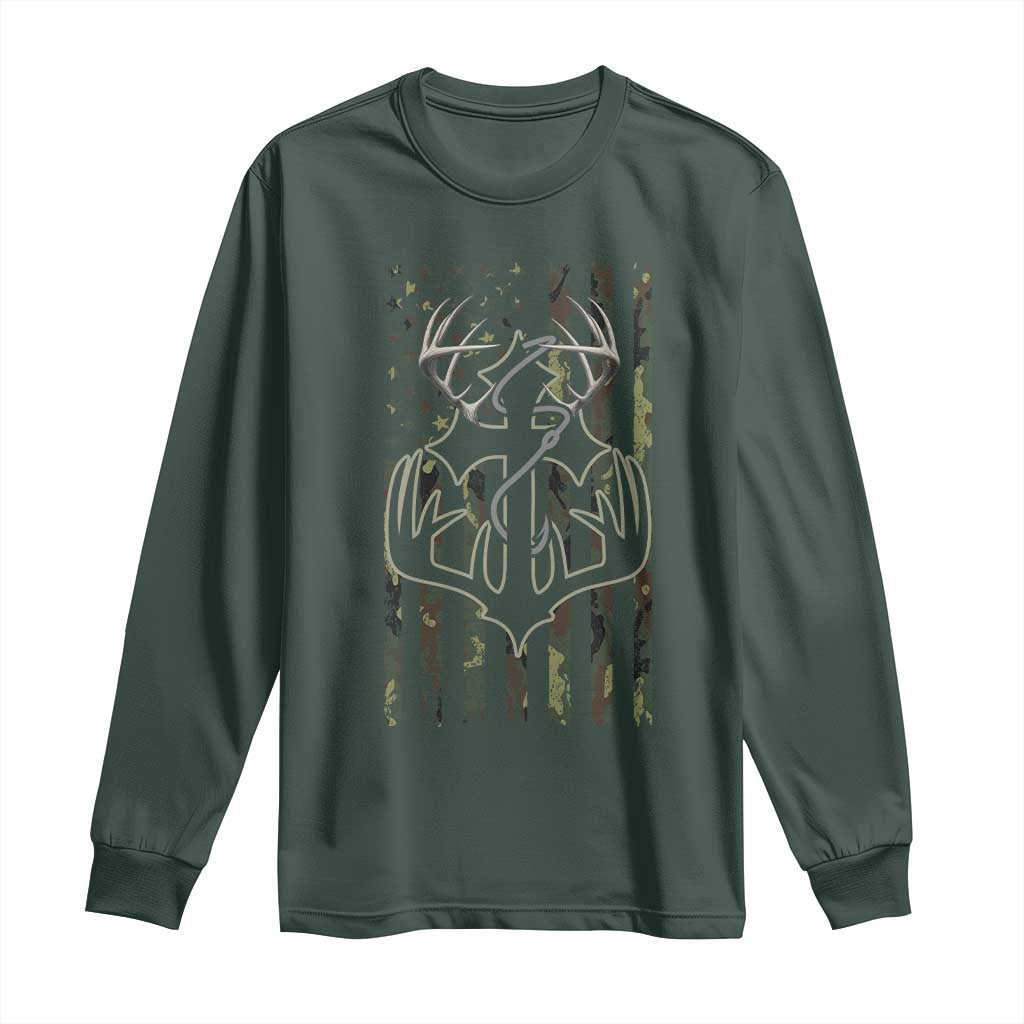 Faith Fishing Hunting Camo US Flag Cross With Hook Christian Long Sleeve Shirt TS11 Dark Forest Green Print Your Wear